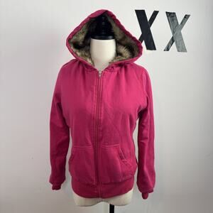 Vintage Y2K Pink Faux Fur Lined Full Zip Hoodie Plush Cozy Soft Girl Indie M